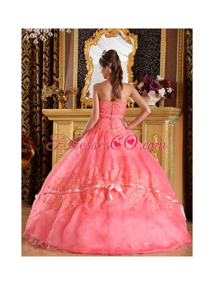 Watermelon Red Ball Gown Strapless Appliques Organza Quinceanera Dress