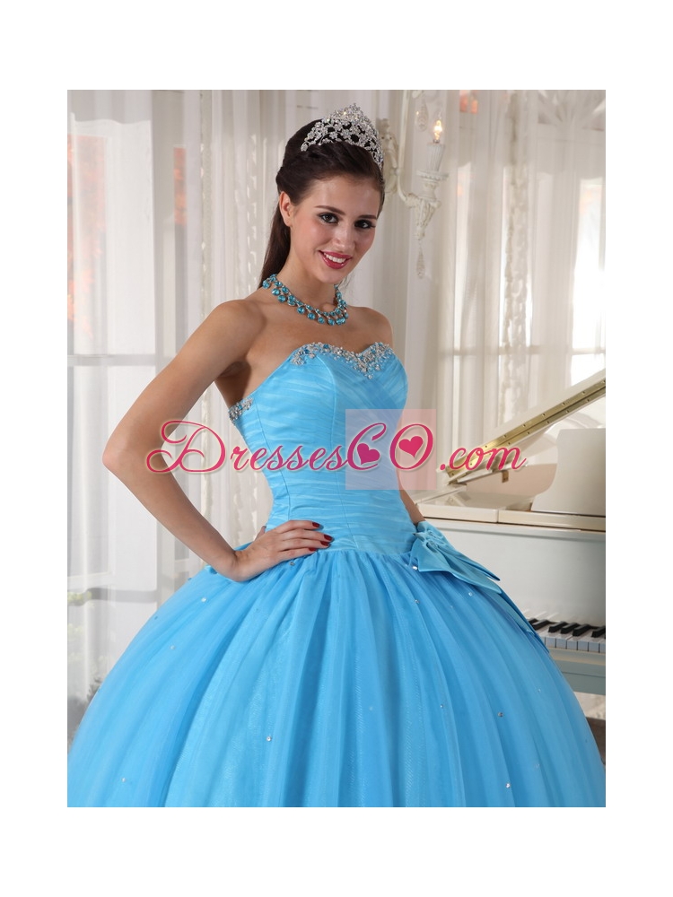 Aqua Blue Ball Gown Long Tulle Beading And Bowknot Quinceanera Dress