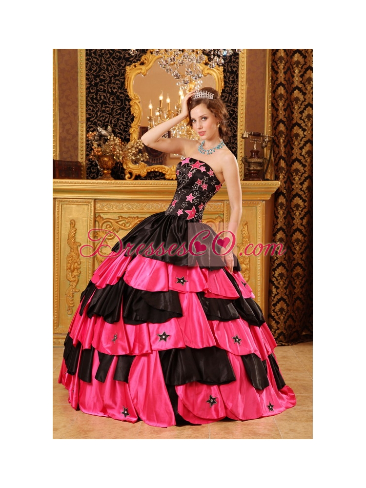 Black And Red Ball Gown Strapless Long Taffeta Beading Quinceanera Dress