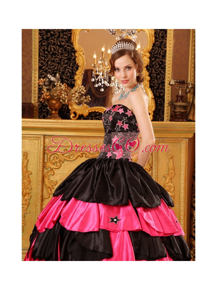 Black And Red Ball Gown Strapless Long Taffeta Beading Quinceanera Dress