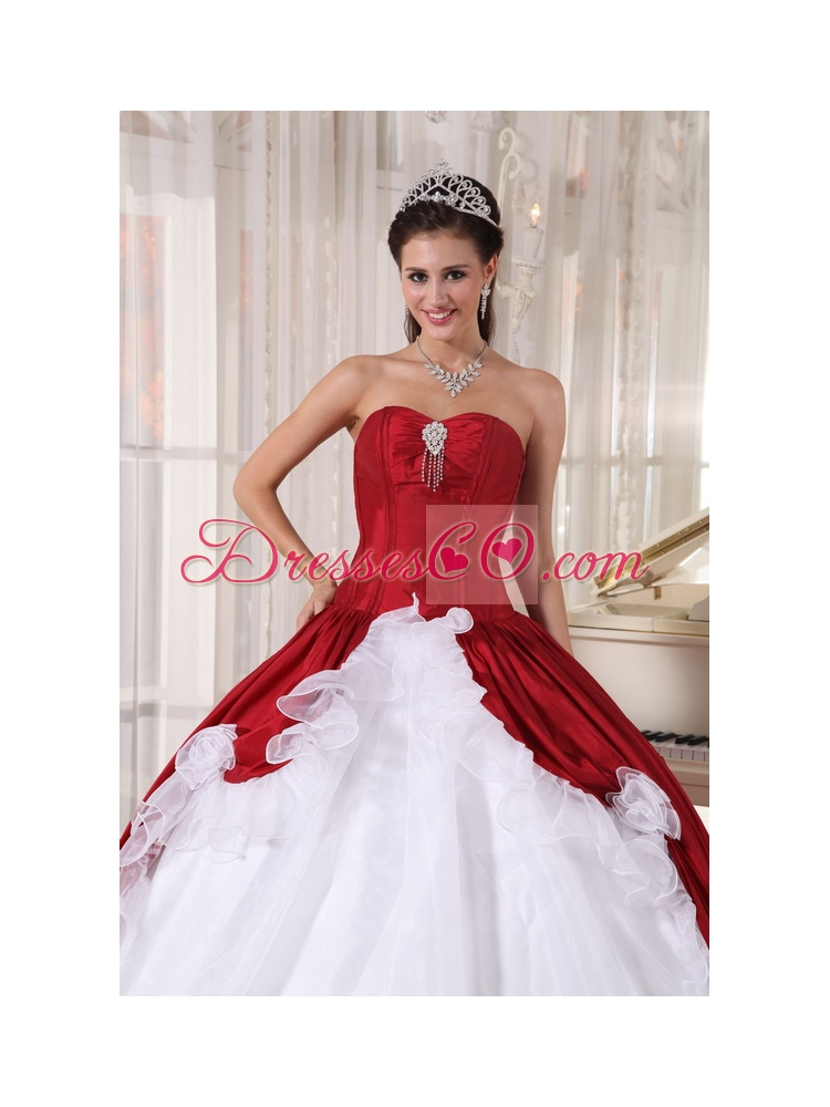 Red And White Ball Gown Long Organza And Taffeta Beading Quinceanera Dress