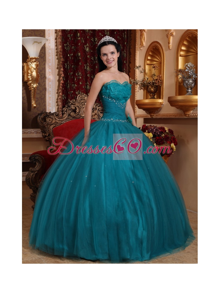 Teal Ball Gown Long Tulle Beading Quinceanera Dress