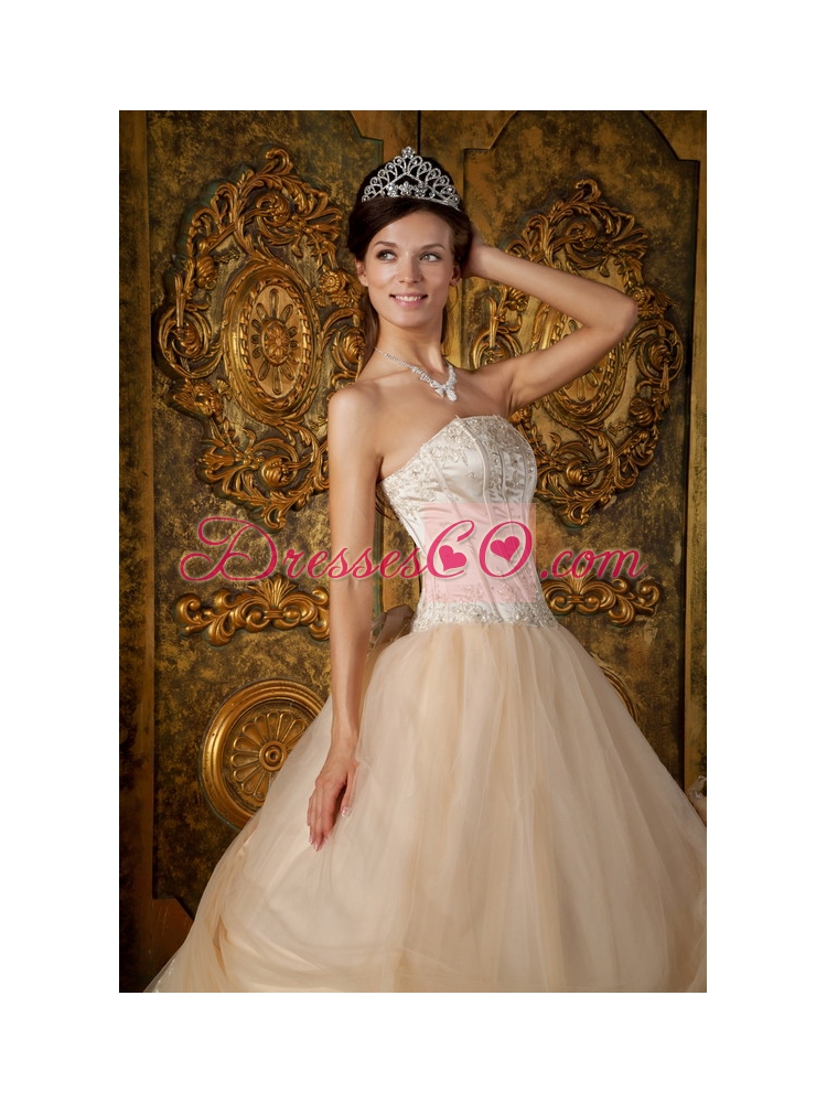 Champagne Ball Gown Strapless Long Appliques Tulle Quinceanera Dress