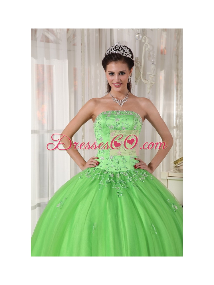 Spring Green Ball Gown Strapless Long Taffeta And Tulle Appliques Quinceanera Dress