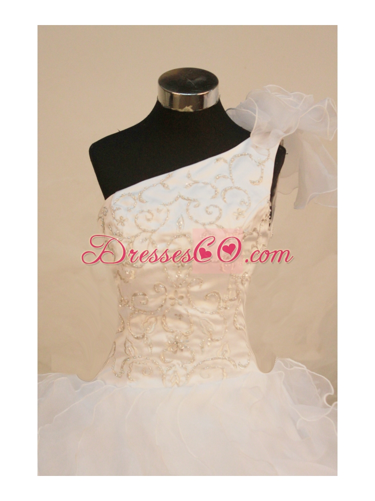 Beaded Decorate Exquisite One Shoulder Neckline White Flower Girl Pageant Dresses
