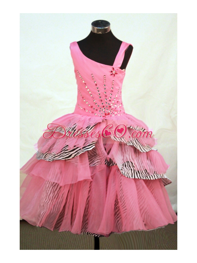 Beautiful Asymmetrical Neckline Rose Pink Organza Flower Girl Pageant Dress With Beaded Decorate