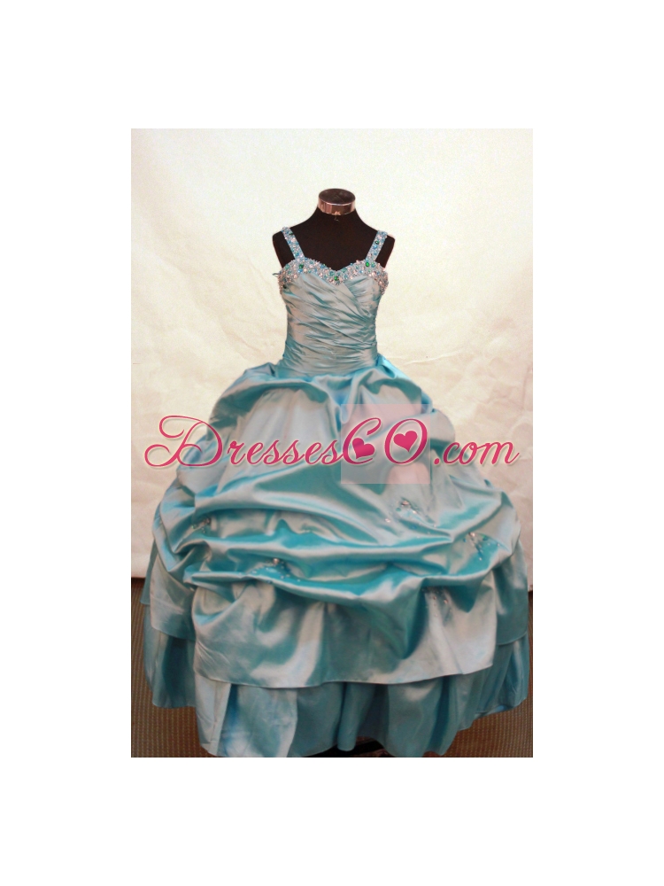 Blue Beaded and Ruching Decorate On Taffeta Flower Girl Pageant Dress With Straps Neckline Zipper-up
