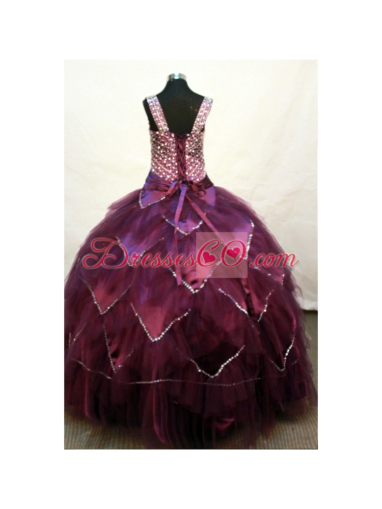 Custom Made Square Neckline Burgundy Beaded Decorate Bodice Flower Girl Pageant Dress