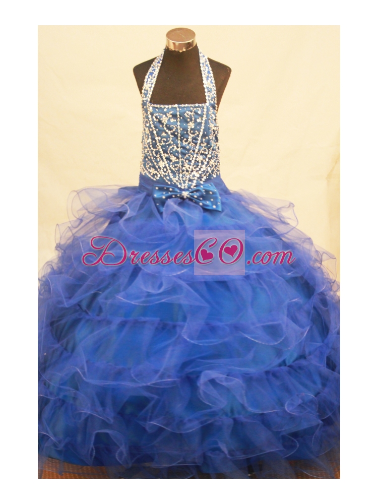 Halter Top Blue and Beading Bowknot For Little Girl Pageant Dresses