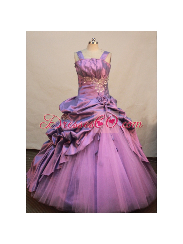 Lavender Taffeta and Tulle Straps Neckline Appliques and Flowers Decorate Flower Girl Pageant Dress