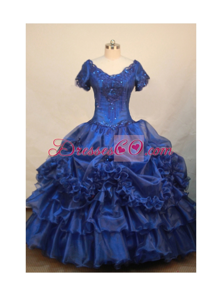Luxurious Blue V-neck Short Sleeves Beaded Decorate Organza Flower Girl Pageant Dress