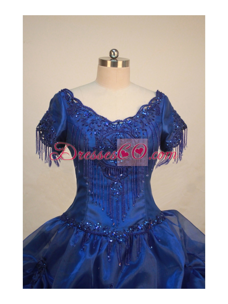 Luxurious Blue V-neck Short Sleeves Beaded Decorate Organza Flower Girl Pageant Dress
