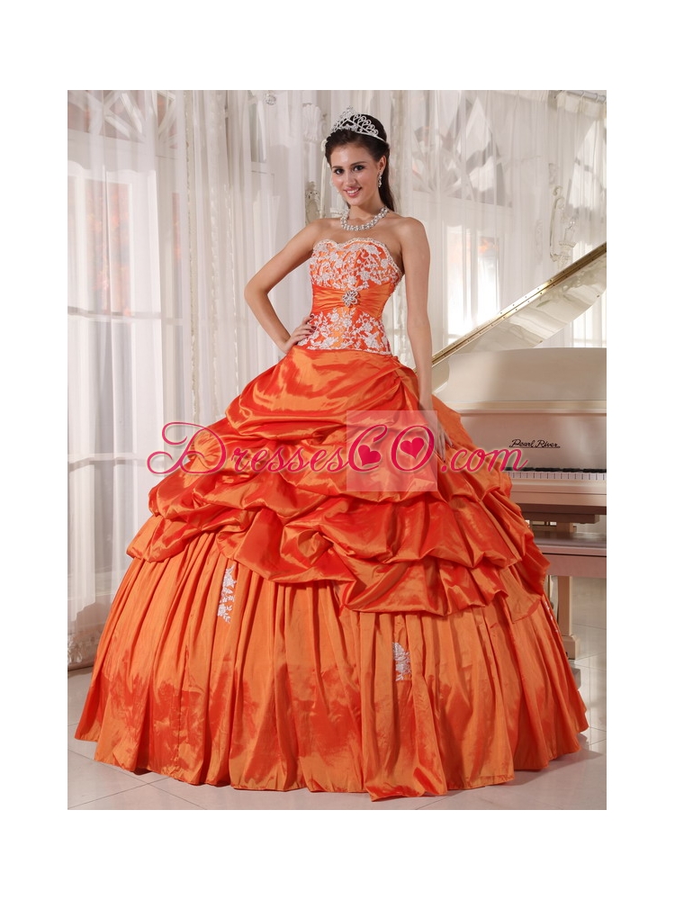 Orange Ball Gown Long Taffeta Appliques And Ruching Quinceanera Dress