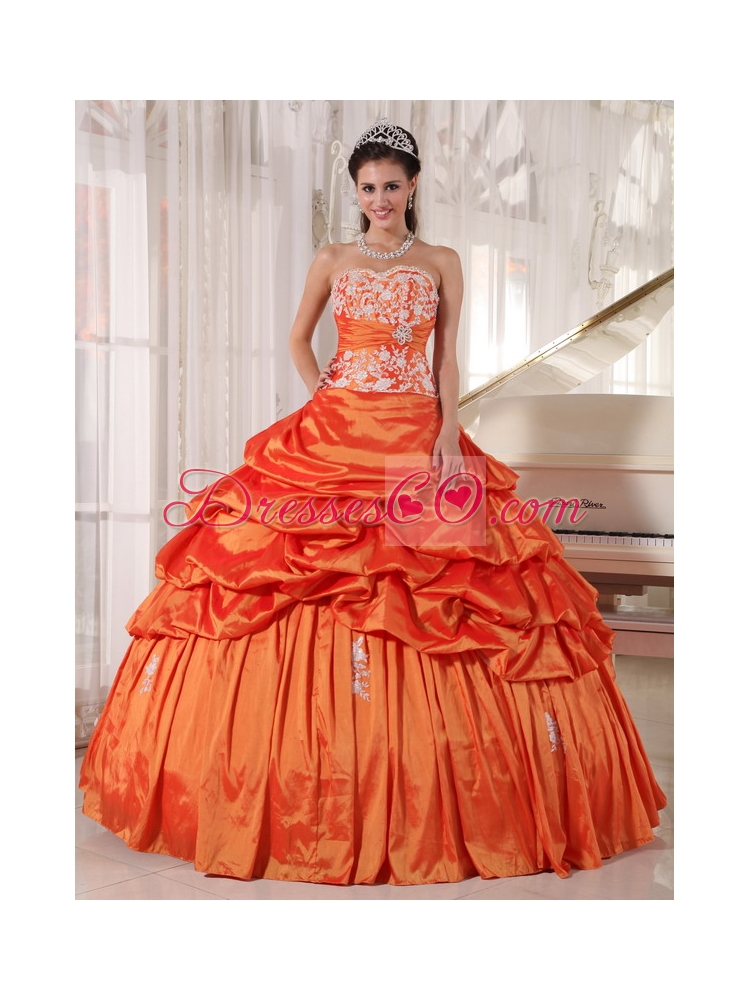 Orange Ball Gown Long Taffeta Appliques And Ruching Quinceanera Dress