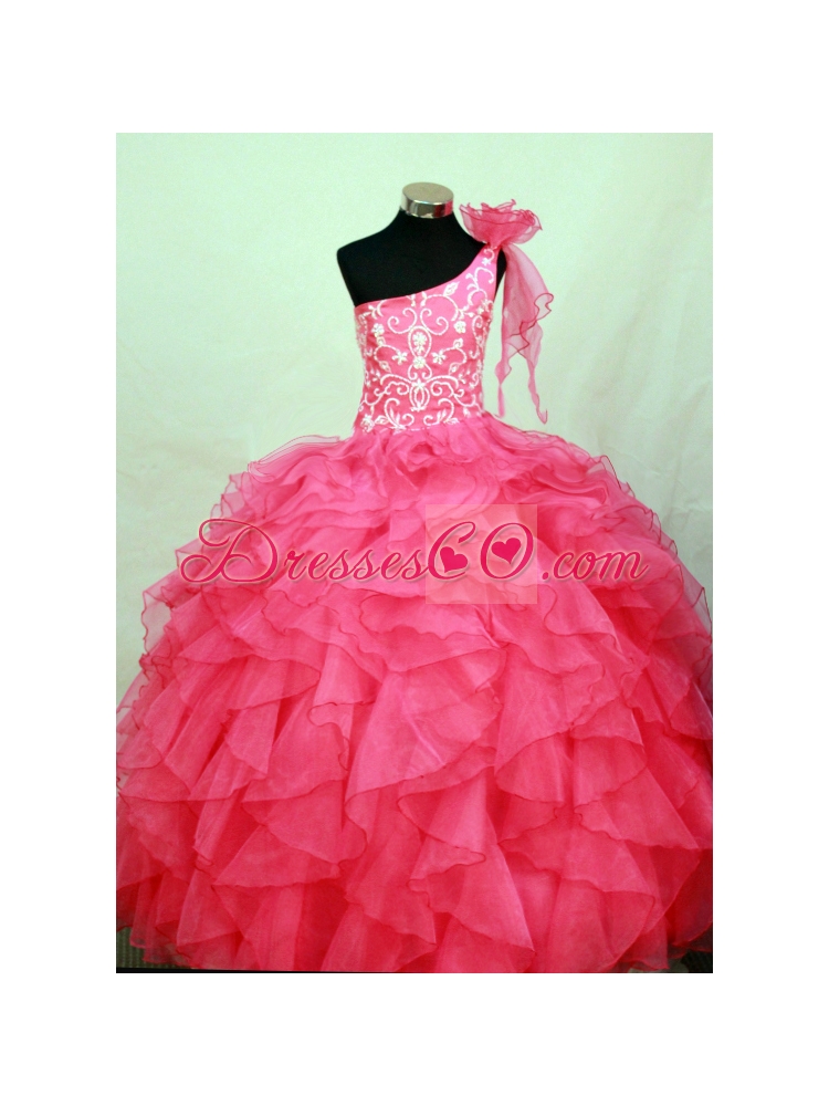 Perfect Hot Pink One Shoulder Neckline Flower Girl Pageant Dress With Embroidery and Flower Decorate Organza