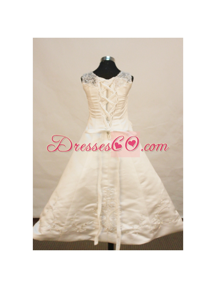 Pretty Princess Scoop Neckline With Ivory Embroidery Decorate On Satin Flower Girl Pageant Dress