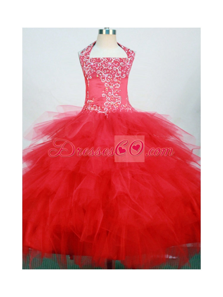 Red and Halter For Little Girl Pageant DressWith Ruffled Layers