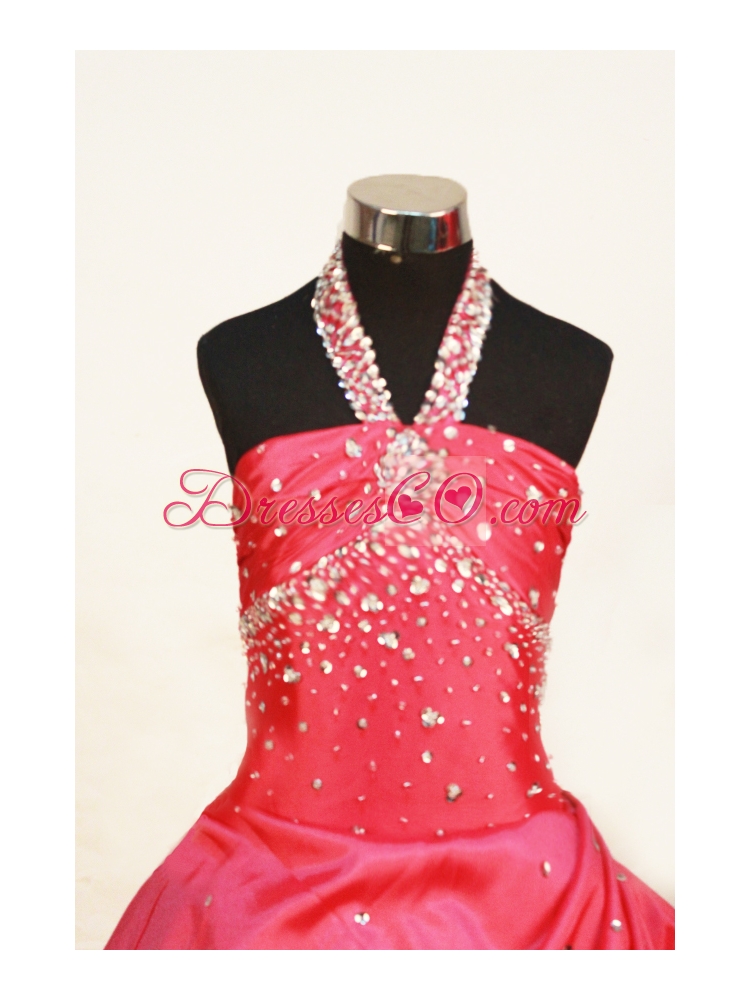 Sweet Halter Beaded Decorate Tulle Red Flower Girl Pageant Dress