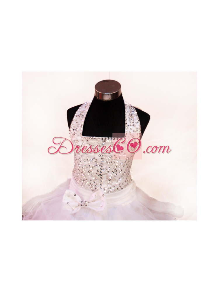 White Beading And Halter For Little Girl Pageant DressWith Organza And Long