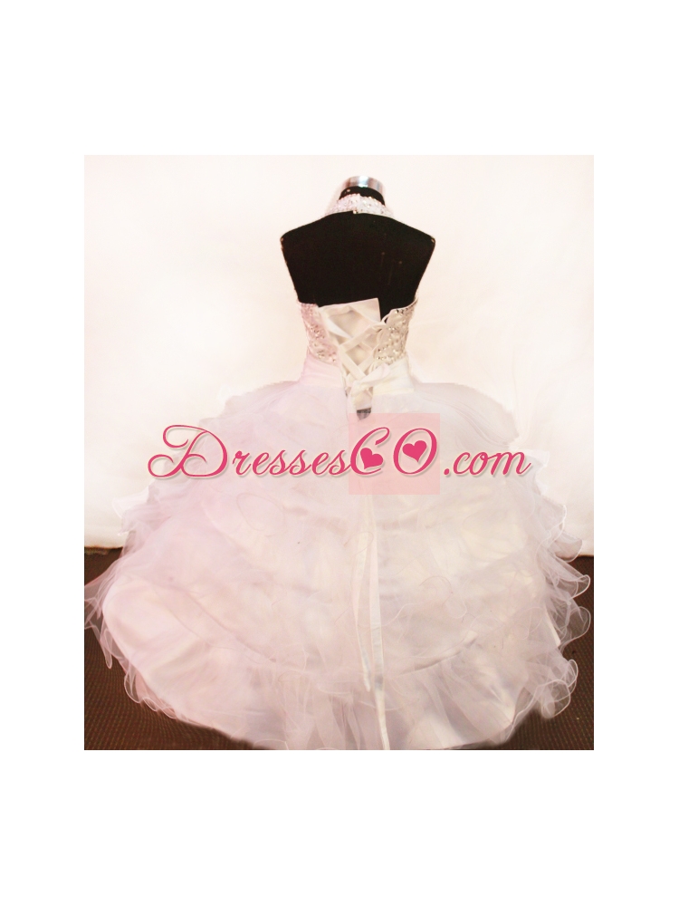 White Beading And Halter For Little Girl Pageant DressWith Organza And Long