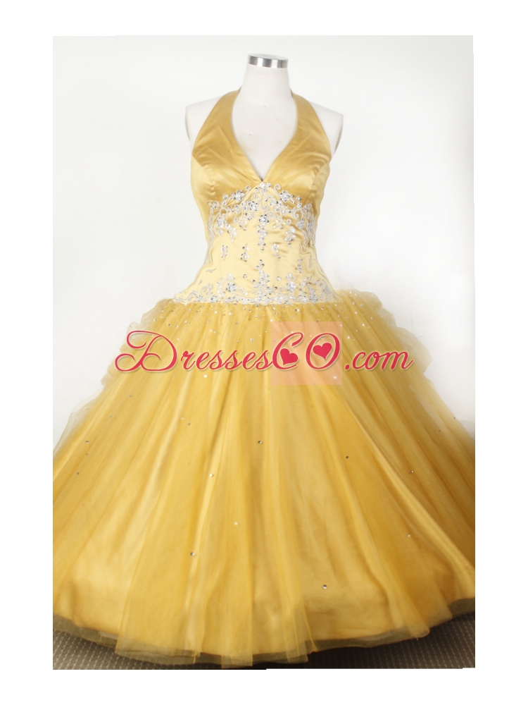 Appliques and Beading For Little Girl Pageant DressWith Gold Halter