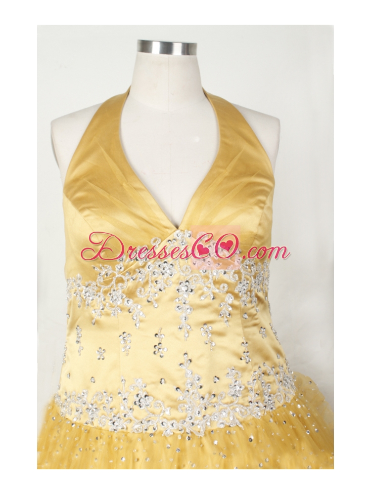 Appliques and Beading For Little Girl Pageant DressWith Gold Halter