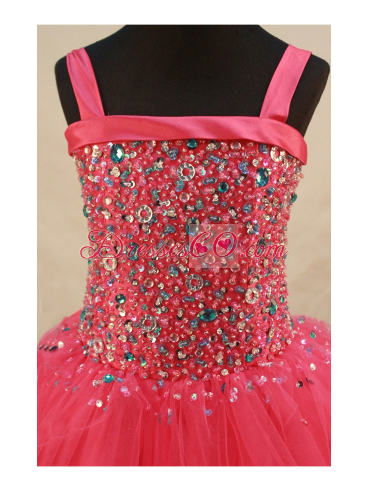Coral Red Little Girl Pageant DressWith Beading and Straps