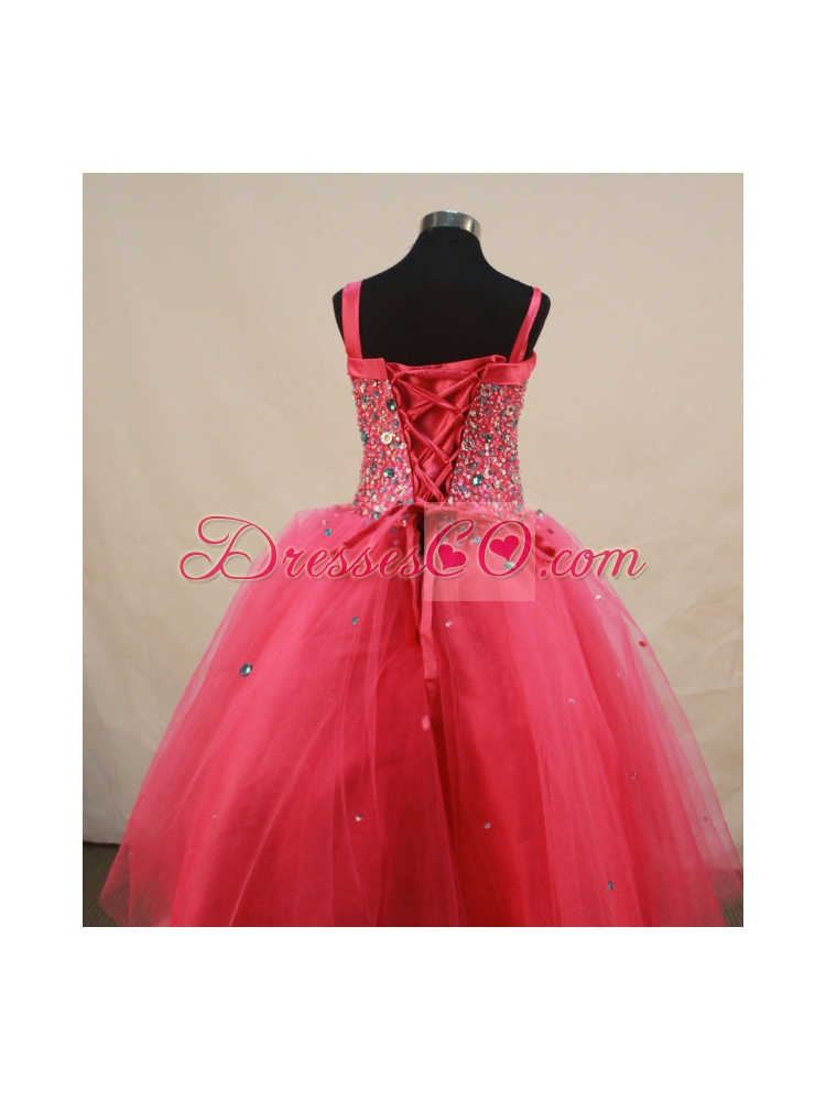 Coral Red Little Girl Pageant DressWith Beading and Straps
