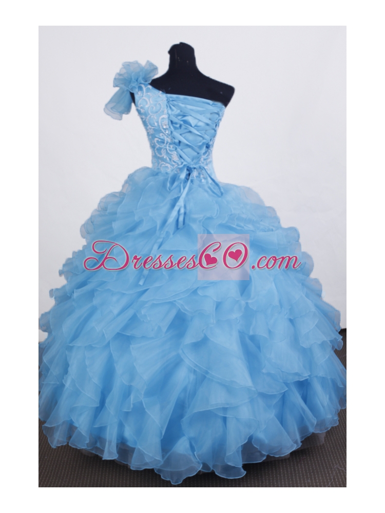 Exclusive Ball Gown Little Girl Pageant Dress One Shoulder Long Aqua Blue Organza Beading