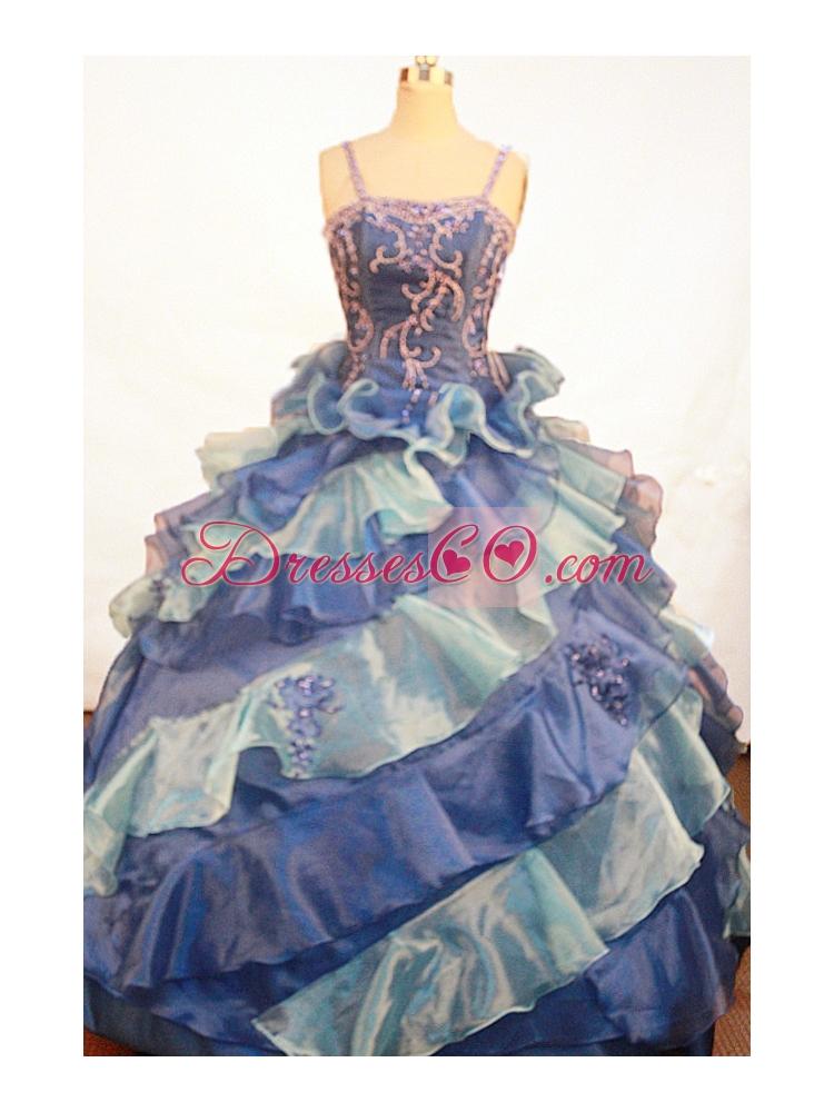 Exquisite Appliques Ruffles Ball Gown Straps Long Little Girl Pageant Dress