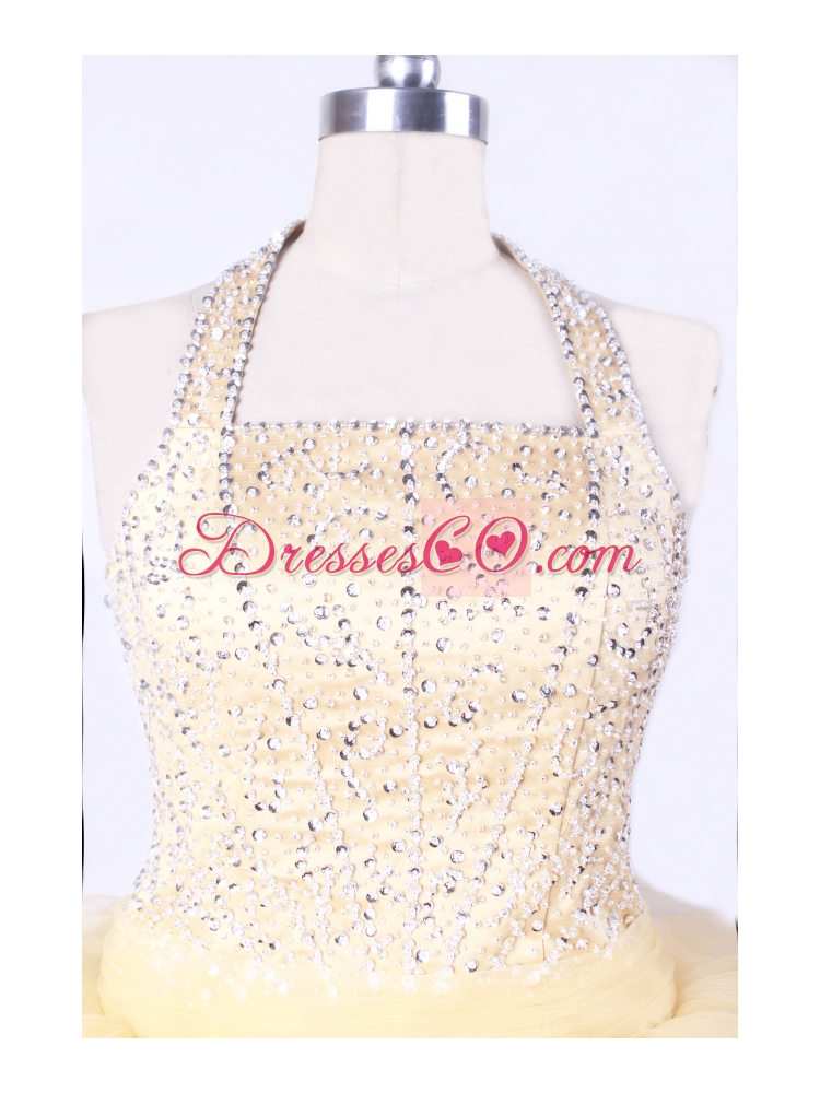 Gold and Halter For Little Girl Pageant DressWith Ruffled Layers and Beading