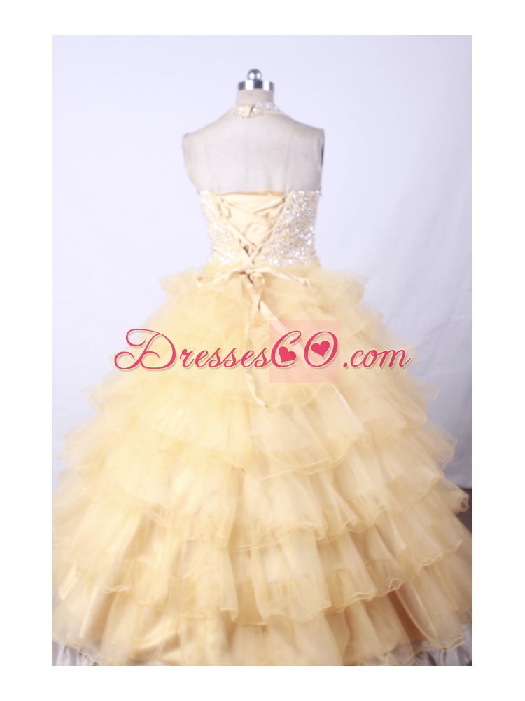 Gold and Halter For Little Girl Pageant DressWith Ruffled Layers and Beading