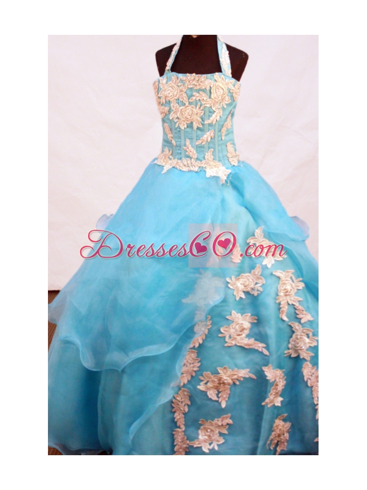 Lovely A-line Appliques Decorate Halter Long Little Pageant Girl Dress