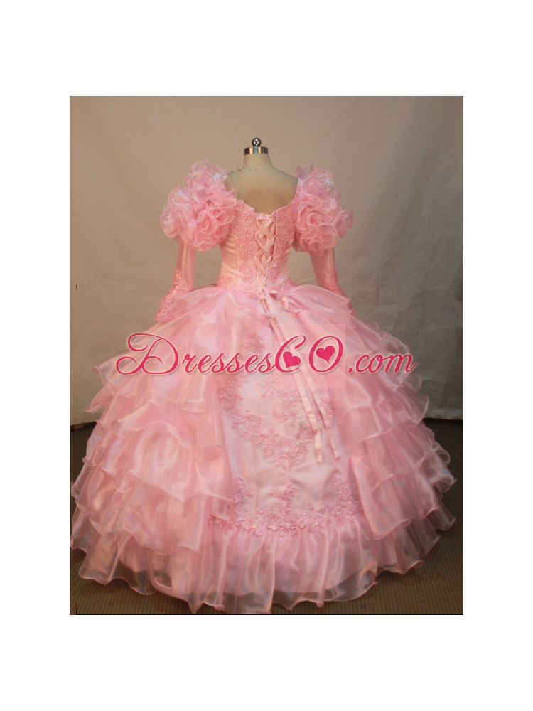 Luxurious Watermelon Organza Flower Girl Pageant Dress With Long Sleeves Appliques and Ruffled Layers Decorate