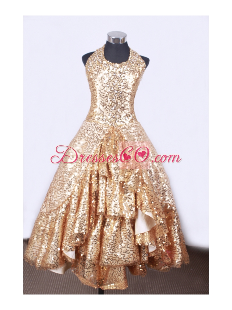Popular A-line and Halter Top Neck For Little Girl Pageant DressWith Gold