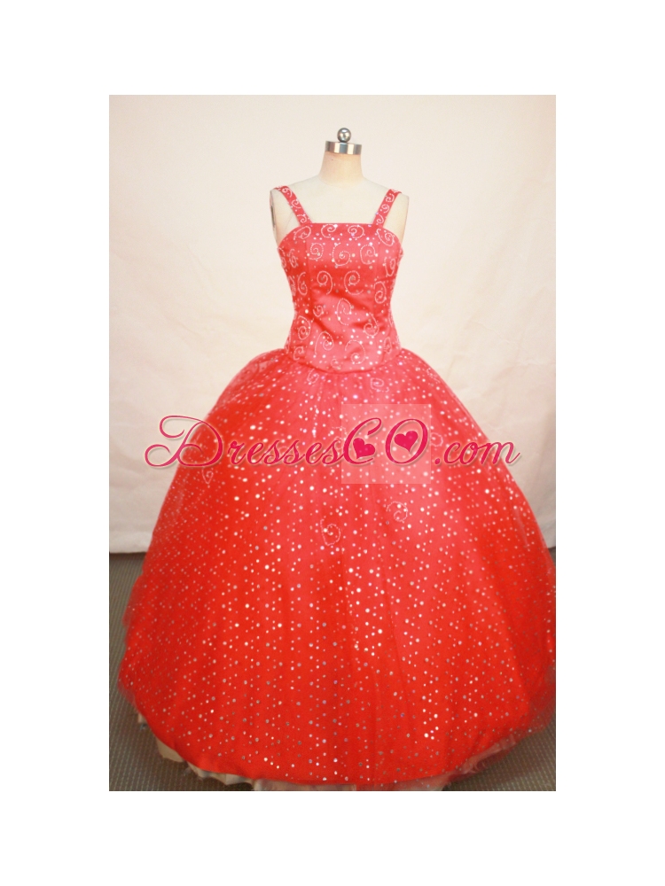 Red Sequin Straps Neckline Beaded Decorate Flower Girl Pageant Dress