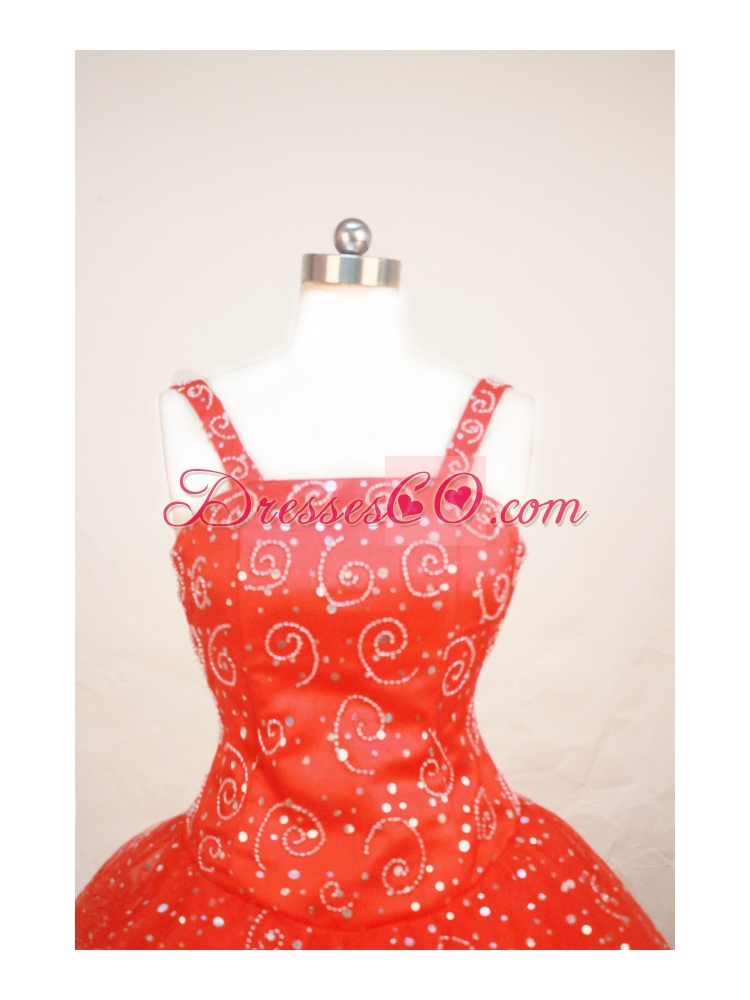 Red Sequin Straps Neckline Beaded Decorate Flower Girl Pageant Dress