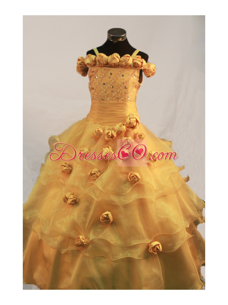 Romantic Hand Made Flowers Ball Gown Little Girl Pageant Dress Straps Long