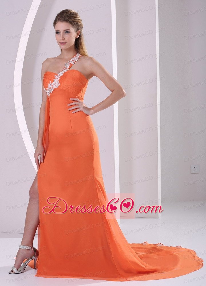 Orange Red One Shoulder High Slit Court Train Plus Size Prom Pageant Dress Appliques and Ruching