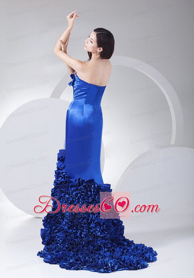 Hand Made Flowers Decorate Bodice Strapless Mermaid Blue Taffeta Brush Train Prom Dress