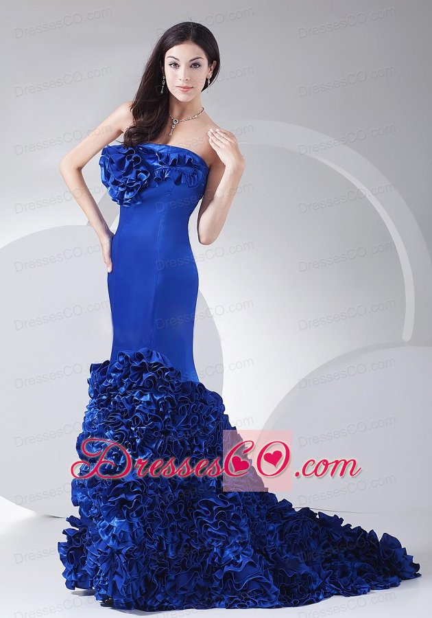 Hand Made Flowers Decorate Bodice Strapless Mermaid Blue Taffeta Brush Train Prom Dress