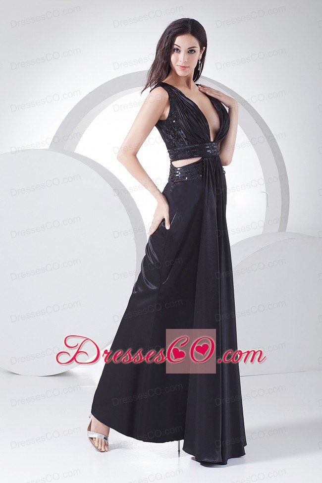 Sexy Prom Dress For V-neck Black Elastic Woven Satin Ankle-length