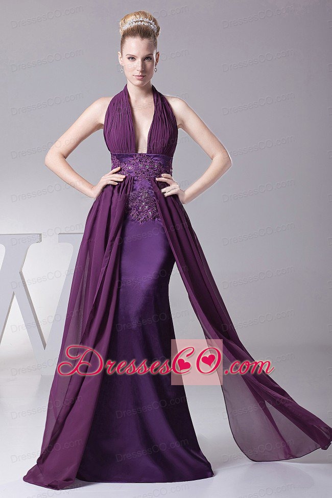 Sexy Purple Prom Dress With Halter Ruches and Appliques