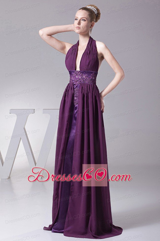 Sexy Purple Prom Dress With Halter Ruches and Appliques