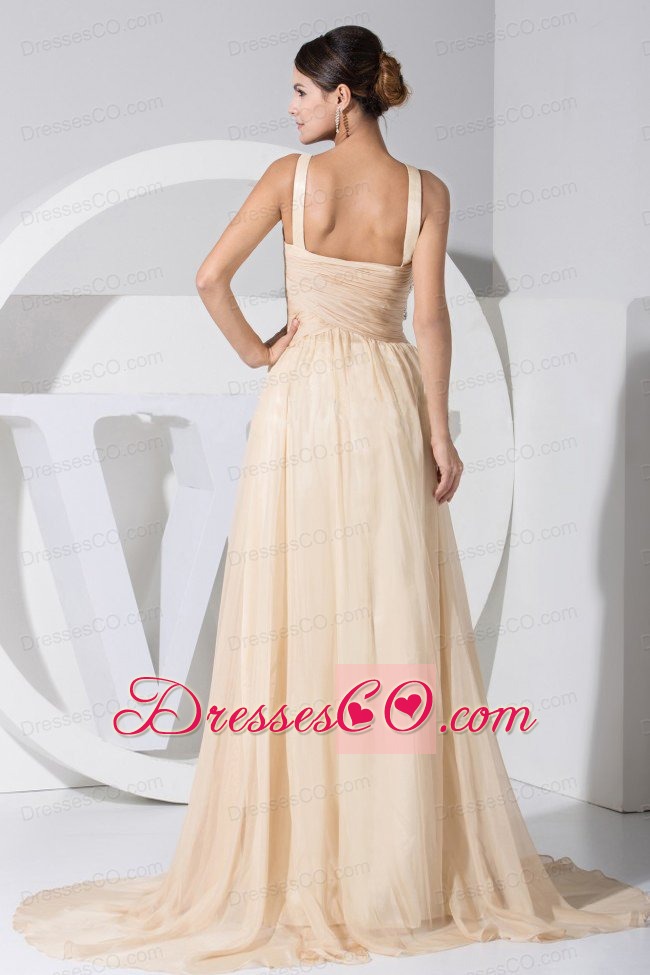 Asymmetrical Beading Decorate Bodice Champagne Chiffon Brush Train Prom Dress For 2013
