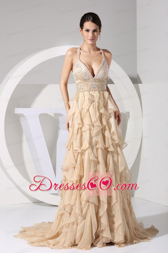 Embroidery and Ruffles Decorate Bodice Brush Train Champagne Straps Prom Dress