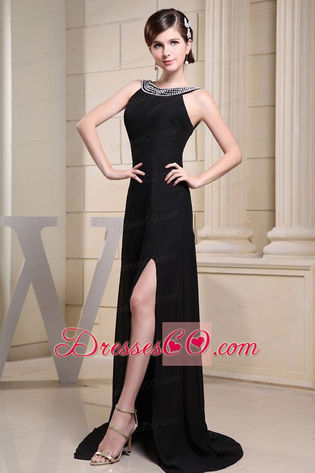 Bateau Beading and High Slit For Prom Dress