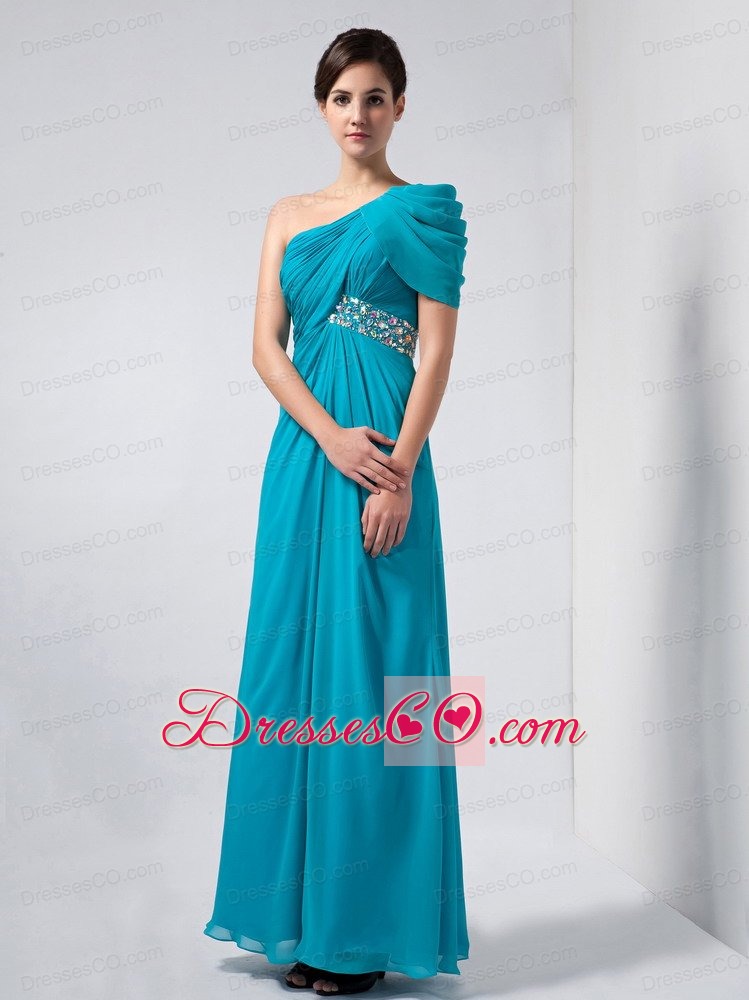 Beautiful Baby Blue Column One Shoulder Homecoming Dress Ankle-length Chiffon Beading