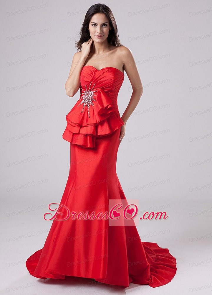 Mermaid Taffeta Brush/Sweep Prom Dress Red Beading