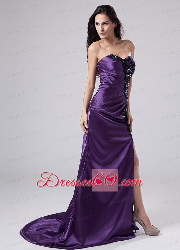 Beading Elastic Woven Satin Column Brush/Sweep Prom Dress Purple